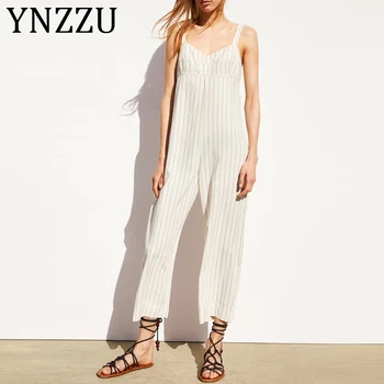 

YNZZU Casual Striped Strap Jumpsuit Women 2019 Summer V Neck Rompers womens Jumpsuit Bodysuit Loose Female Overalls AJ035
