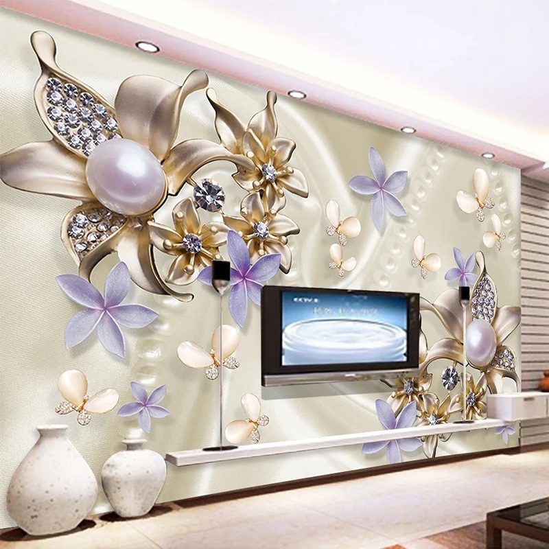 European Style 3D Stereo Pearl Diamond Butterfly Flower Photo Murals Wallpaper Living Room TV Sofa Backdrop Wall Cloth Decor 3 D photo studio kit set backdrop stand