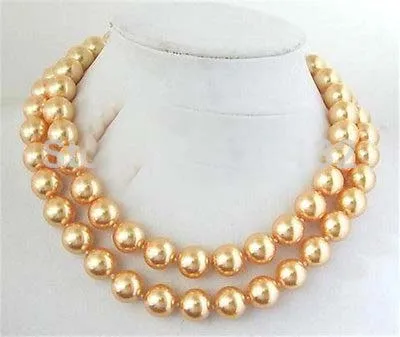 

very good NEW!10mm Gold South Sea Shell Pearl Necklace 34" Silver hook NECKLACS Free Shipping
