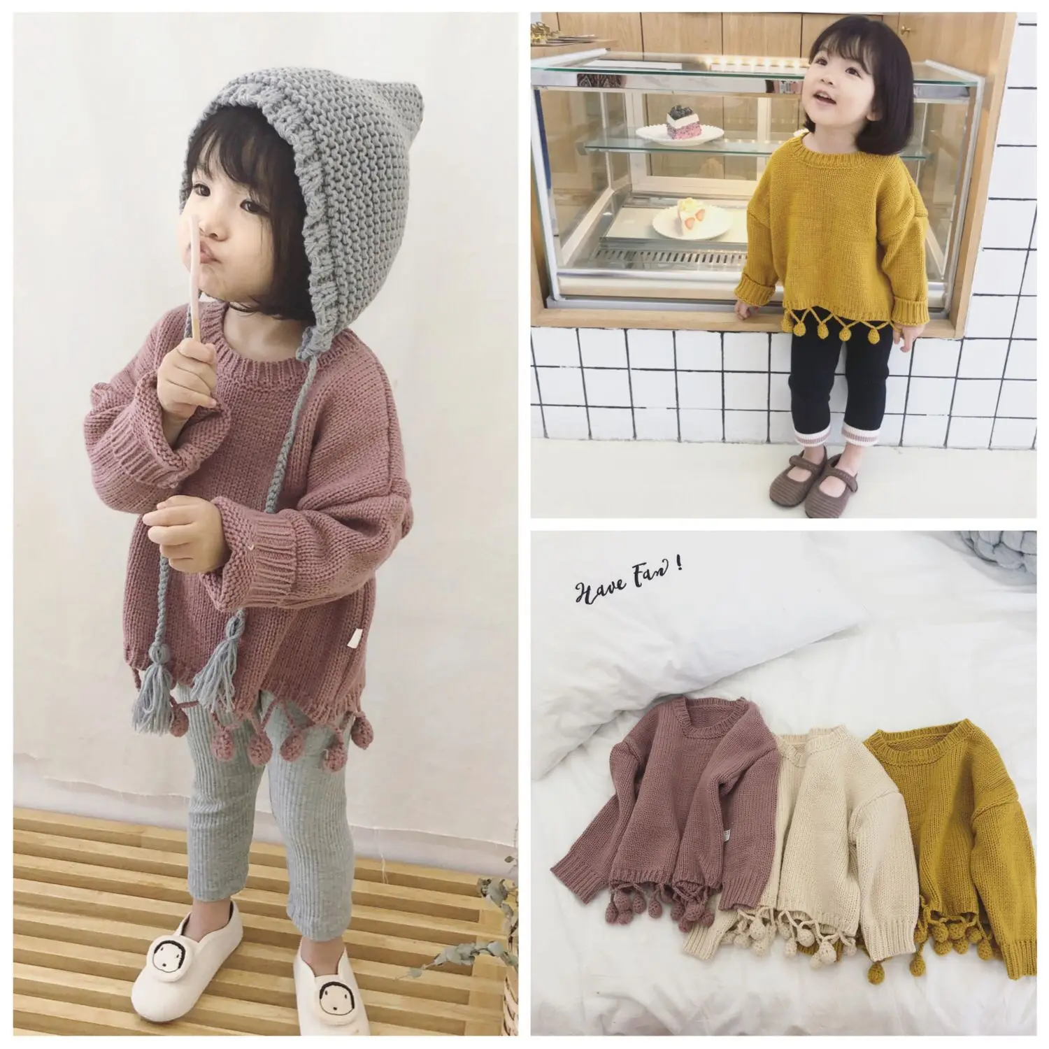 

2019 Spring Korean New Toddler Sweaters Baby Girl Clothes Brand New Kids Cute Pompoms Knitting Coats Baby Sweaters Top 1-6 Years