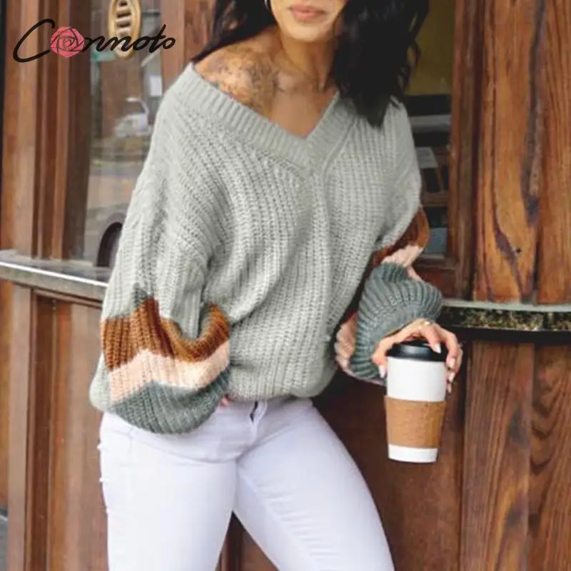FREE SHIPPING Fashion Striped V Neck Pullover Women Autumn Winter Gray Long Sleeves Sweater Female High Street Loose Mujer Jumper JKP2578