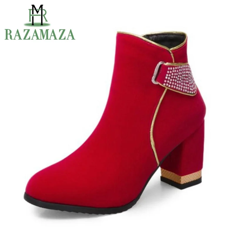 

ZALAVOR Office Lady Winter High Heel Boots Crystal Ankle Boots Warm Fur Wedding Shoes Women Sexy Women Footwear Size 32-43