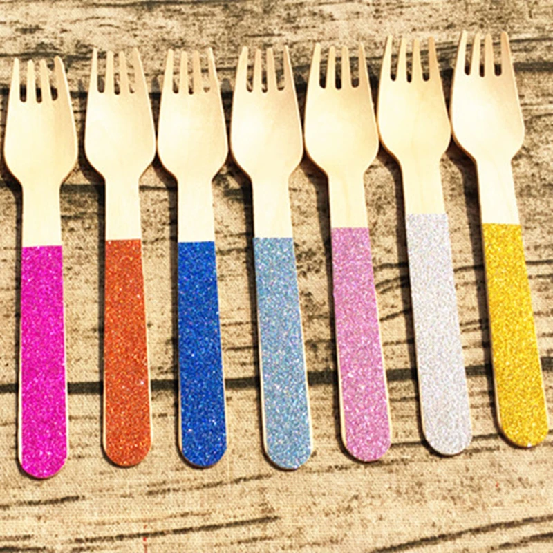 

108pcs Sparkle Colorful Spoon Knife Fork Glitter Wooden Cutlery Party Setting Candy Snack Dessert Festival Birthday ValentineDay