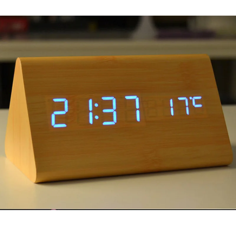 Electronic Digital WOODEN LED Alarm Clock Sounds Control Thermometer /& Calendar