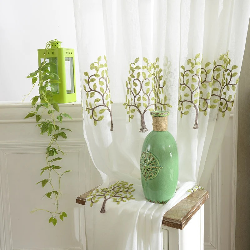 

Korean Faux Linen Green Tree Embroidered Voile Curtains for Living Room Tulle Window Sheer Curtains for Bedroom Kids Curtains