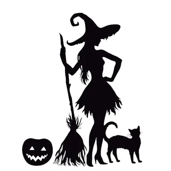 

15.7cm*20cm Funny Pumpkin Witch Broom Black Cat Magic Monster Vinyl Car Sticker Decals Black/Silver S6-3966