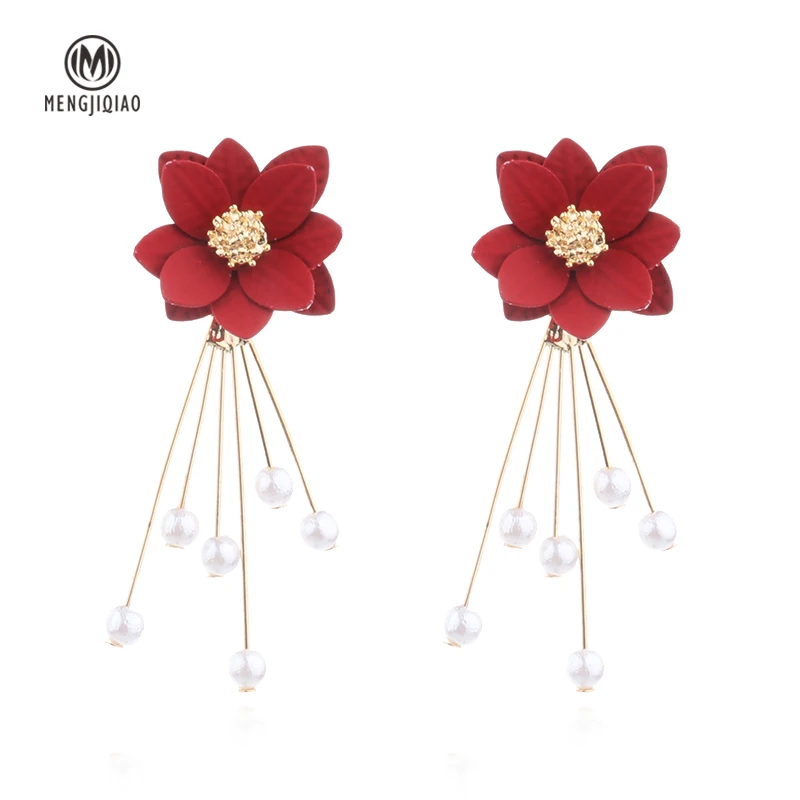 

MENGJIQIAO 2018 New Summer Trendy Jewelry Metal Flower Simulated Pearl Tassel Earrings For Women Elegant Drop Boucle D'oreilles