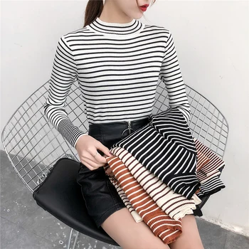 

Autumn Winter New Women Sweater Pullover Striped Sweater Long Sleeve Jumper Pull Femme Clothing Slim-Fit Knit Sweater Casual
