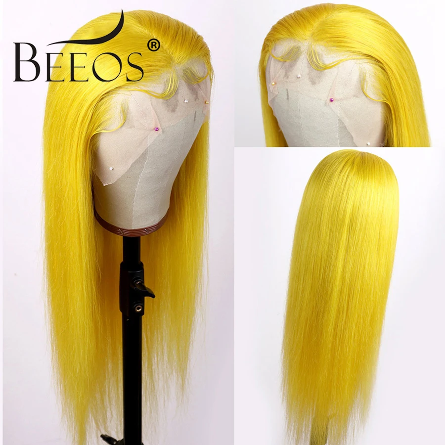 

Beeos 13*6 Yellow Color Transparent Lace Front Human Hair Wig Pre Plucked Hair Line Bleached Knots Peruvian Remy Hair For Women