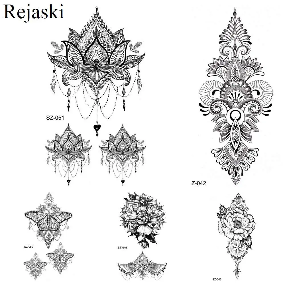Rejaski хна Флора временные татуировки наклейки для женщин тела руки водостойкие татуировки девушка мода кружева поддельные татуировки черный тотем паста