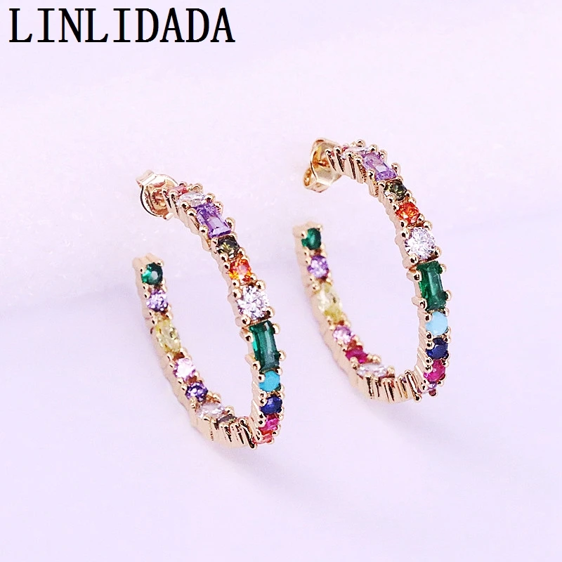 6 пар Многоцветный Цирконий Cz микро проложить Радуга Мода круг цвет золотой серьги-гвоздики для женщин вечерние ювелирные изделия