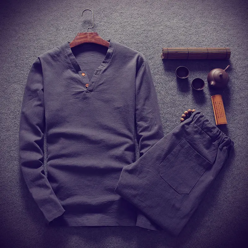 (قميص + بنطلون) 2019 الربيع الرجال قميص الرجل القطن و قميص كتان الرجال عالية الجودة من عارضة أزياء قمصان الرجال حجم M-5XL