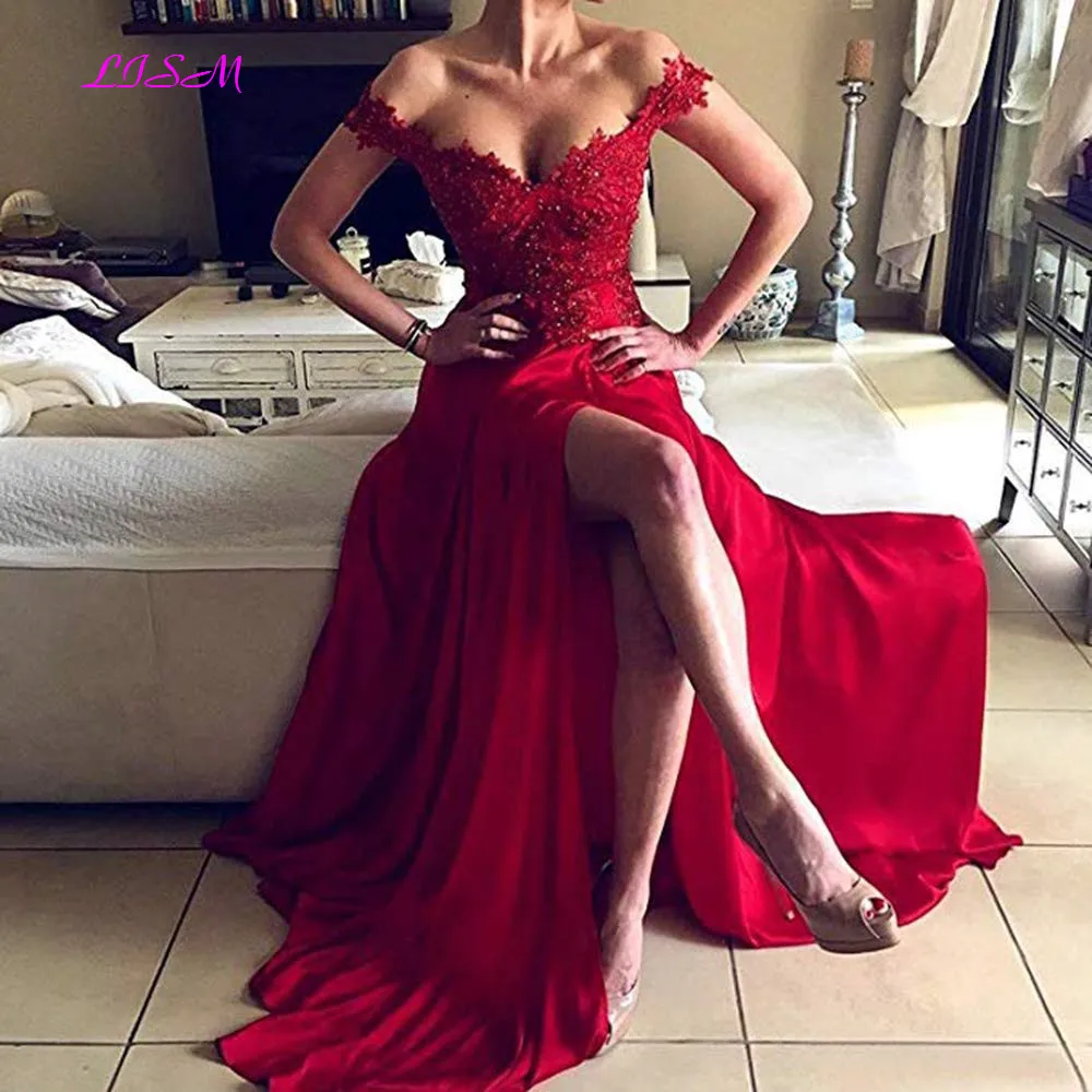 

2019 New Lace Evening Dress Boat Neck Applique Sweep Train Party Formal Gown Side Split Long Chiffon Prom Dresses Robe De Soiree