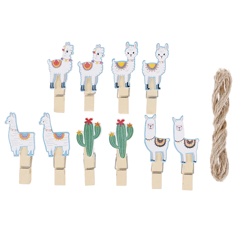 

10pcs Summer Hawaiian Decor Cactus Alpaca Llamas Wooden Clips with Rope Vicugna Pacos Photo Clips Kids Birthday Party Decoration