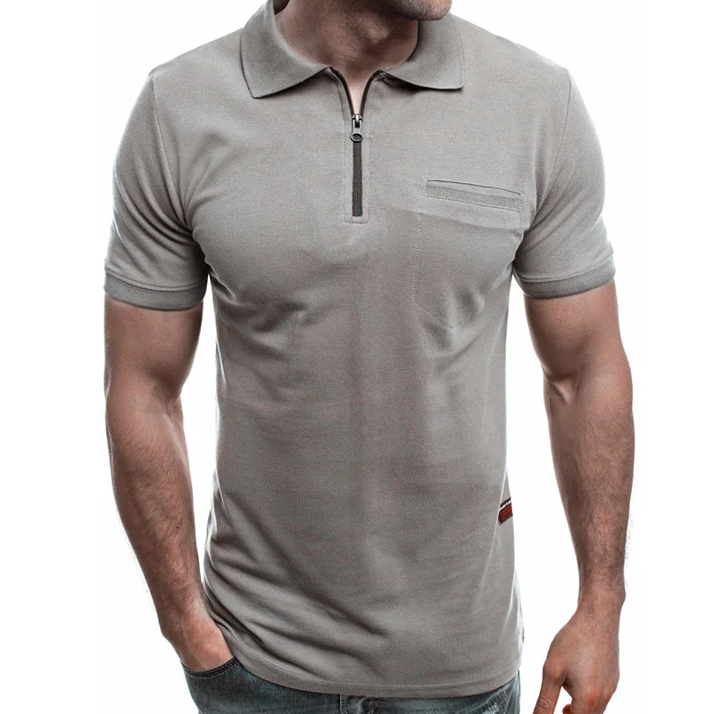Однотонная мужская рубашка поло с отложным воротником и коротким рукавом, свободные повседневные топы на молнии с карманом, известный бренд, мужская одежда, новинка - Цвет: Серый