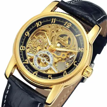 

Hot Forsining Hollow Engraving Skeleton Casual Designer Black Golden Case Gear Bezel Watch Men Luxury Brand Automatic Watches