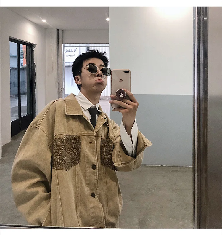 New Oversize Denim Jacket Men High Quality Solid Color Loose Top Jacket Men National Style Pattern Streetwear Bomber Jacket Male