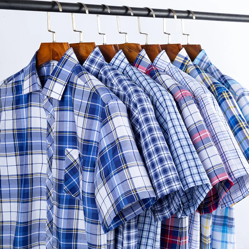 Men casual shirt checkered short sleeved summer slim fit with front pocket