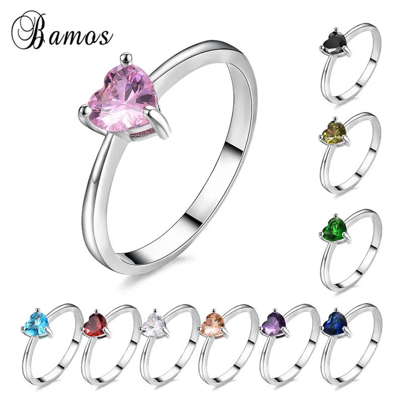 

Bamos Mutilcolor AAA Zircon Heart Ring Dainty Crystal Ladies Rings 925 Sterling Silver Filled Wedding Jewelry For Women