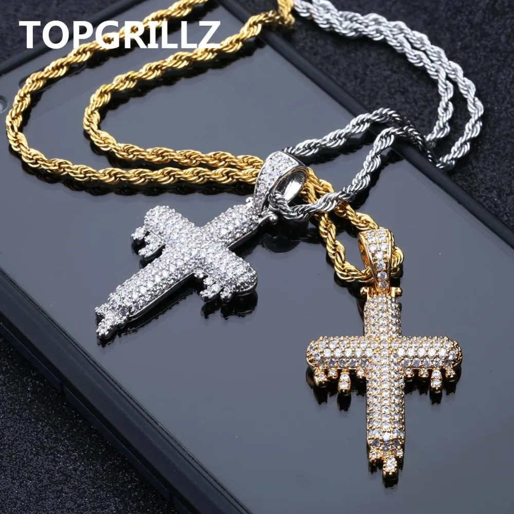 TOPGRILLZ Men's Hip Hop Religious Drop Cross Pendant Necklace Gold Silver Color Cubic Zircon Jewelry Necklaces Gifts Rope Chain |