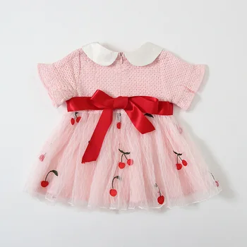 

Little Girl's Short Sleeve Cherry Print Princess Style A-line Quality Net Dresses Casual Breathable and Cool Summer Dress