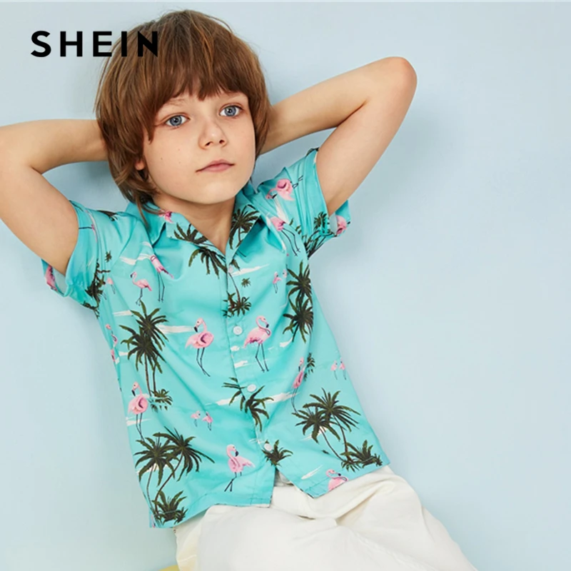 

SHEIN Kiddie Boys Notched Collar Animal And Plants Print Boho Shirt 2019 Summer Vacation Short Sleeve Casual Teenager Shirt Tops