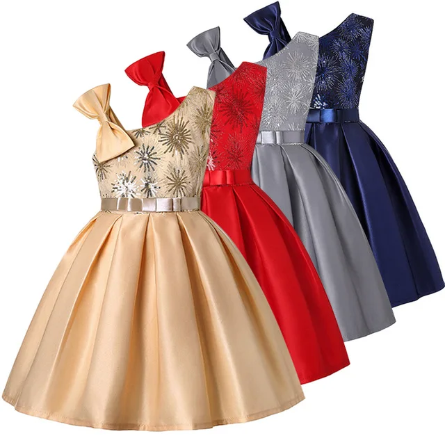 

2019 New high-end European and American baby girls princess dress baby party host bow dress sequins Christmas fireworks dress