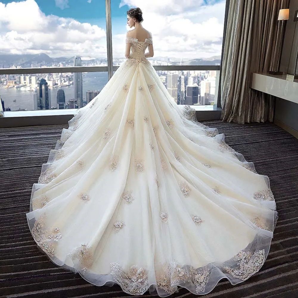 Fansmile Тюль Mariage Vestido De Noiva Кружева Свадебные платья длинный шлейф размера плюс свадебные платья свадебное платье FSM-462T