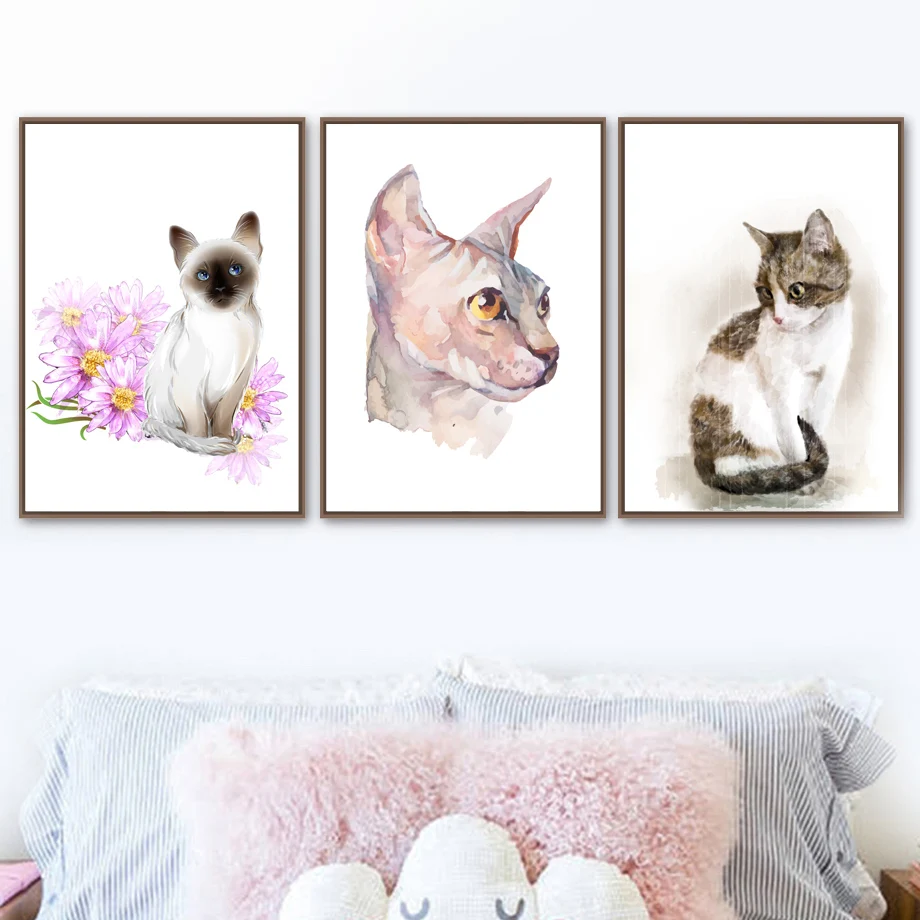 

Watercolor Cat Flower Wall Art Canvas Painting Nordic Posters And Prints Animal Wall Pictures For Living Room Bedroom Home Decor
