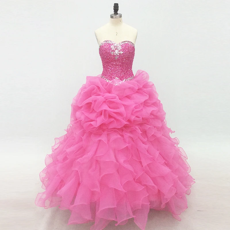 Розовые платья Quinceanera длинные Пышное Бальное Платье Полный бисера Кристалл Милая Vestido дебютантка Сладкие 16 Vestidos De 15 Anos