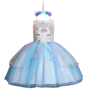

2019 New 2pcs Set Flower Unicorn Dress Up for Kid Girls Birthday Party Ball Gown Rainbow Dress Headband Outfit Unicorn Dresses