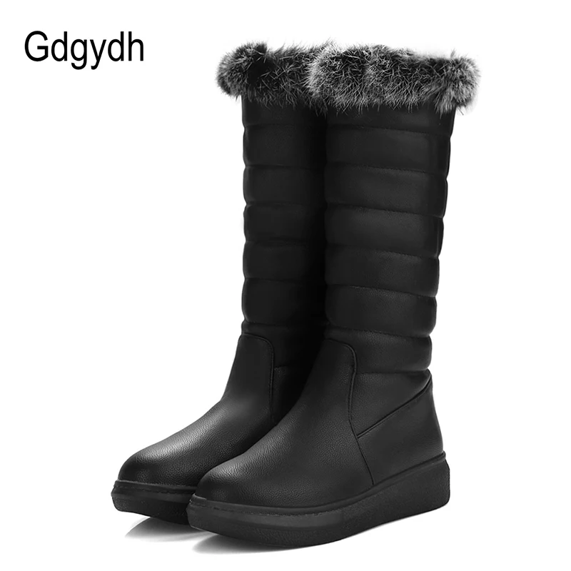 

Gdgydh Real Fur Snow Boots Women Flat With Female Warm Shoes For Winter Plush Inside Black White Sewing Good Quality Plus Size