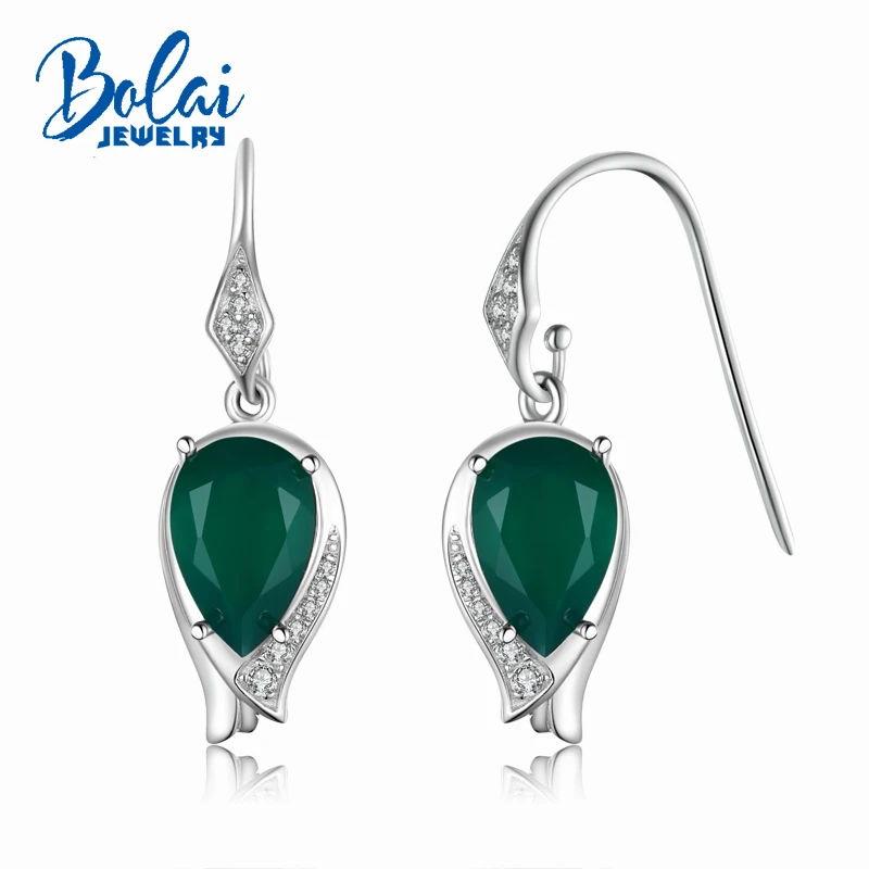 

bolaijewelry,New style blooming flower Hook earring natural green agate gemstone in 925 sterling silver women wear best gift