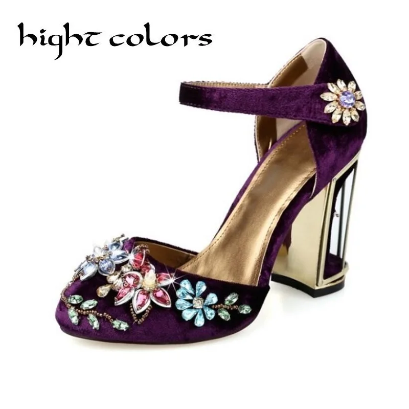

2019 European Spring New Fashion Tide Shoes Gold Velvet Thick Heels Rhinestone Sandals Wedding Shoes For Women High Heel Pumps