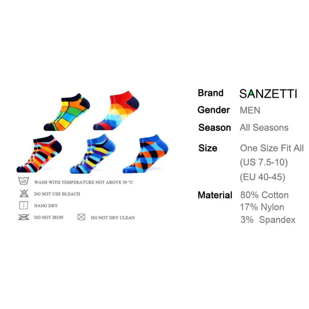 Сланцы SANZETTI 5 пар/партия Для мужчин, дышащий чесаный хлопковые носки Повседневное летняя одежда с геометрическим узором безбортные носки Harajuku, как правило, носки под платье