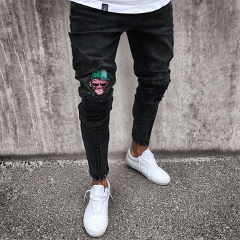 

Men's Jeans Stretchy Ripped Skinny Biker Jeans Cartoon Pattern Destroyed Taped Slim Fit Black Denim Pants 2019 New