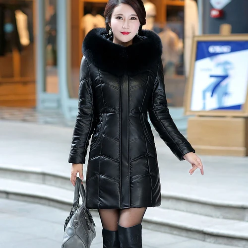 KMETRAM, настоящая кожаная куртка, зимняя куртка, женский меховой воротник, корейское длинное пальто, женский пуховик размера плюс, Chaqueta Mujer MY3415 - Цвет: black