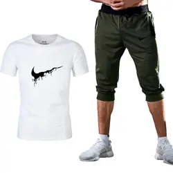 Летние высококачественные модные комплекты хлопковая футболка + Брендовые мужские шорты одежда два Костюм из нескольких предметов