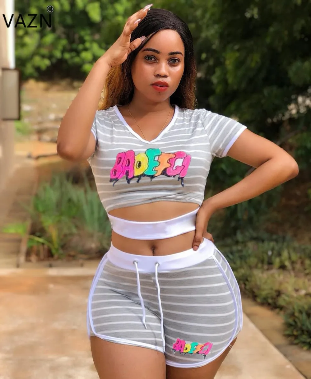 

VAZN Age Reduction Style 20019 New Casual O-Neck Women Letter 2-Pieces Set Short pants Elascitity Tracksutis Set TH3323
