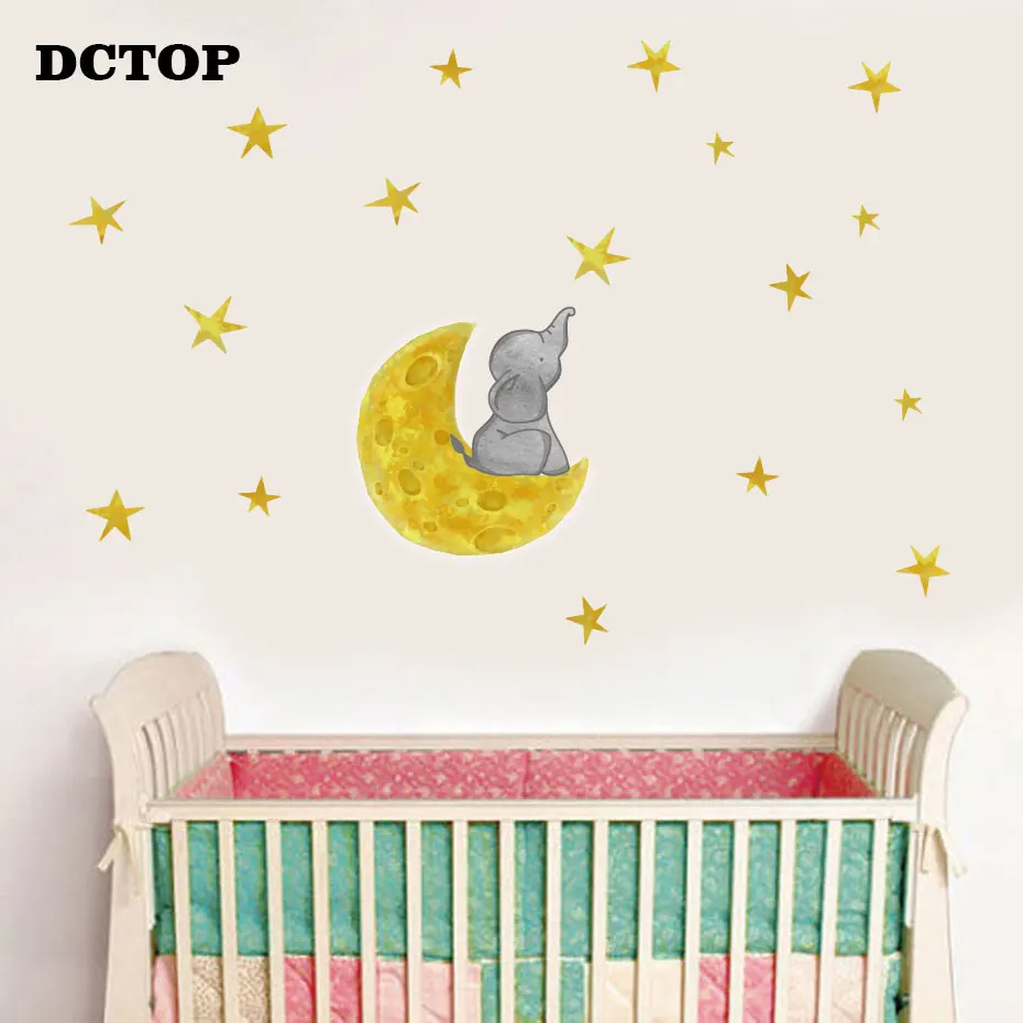 Cute Little Elephant sitting on Moon with stars Wall Decal Kids Children's Art Vinyls Stickers Bedroom Home Decorative Wallpaper