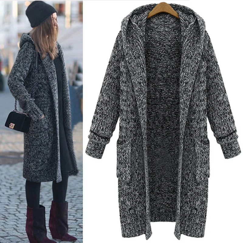 

2018 Autumn Winter Retro Women Cardigan Hooded Big Pockets Thick Knit Sweater Long Sleeve Long Cardigan Sweater Coat