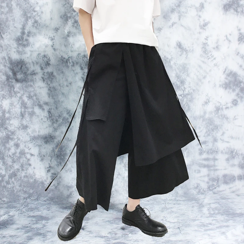 

Men cotton linen irregular hip hop harem pants wide leg gothic men japan style drop crotch joggers pantskirt stage costume
