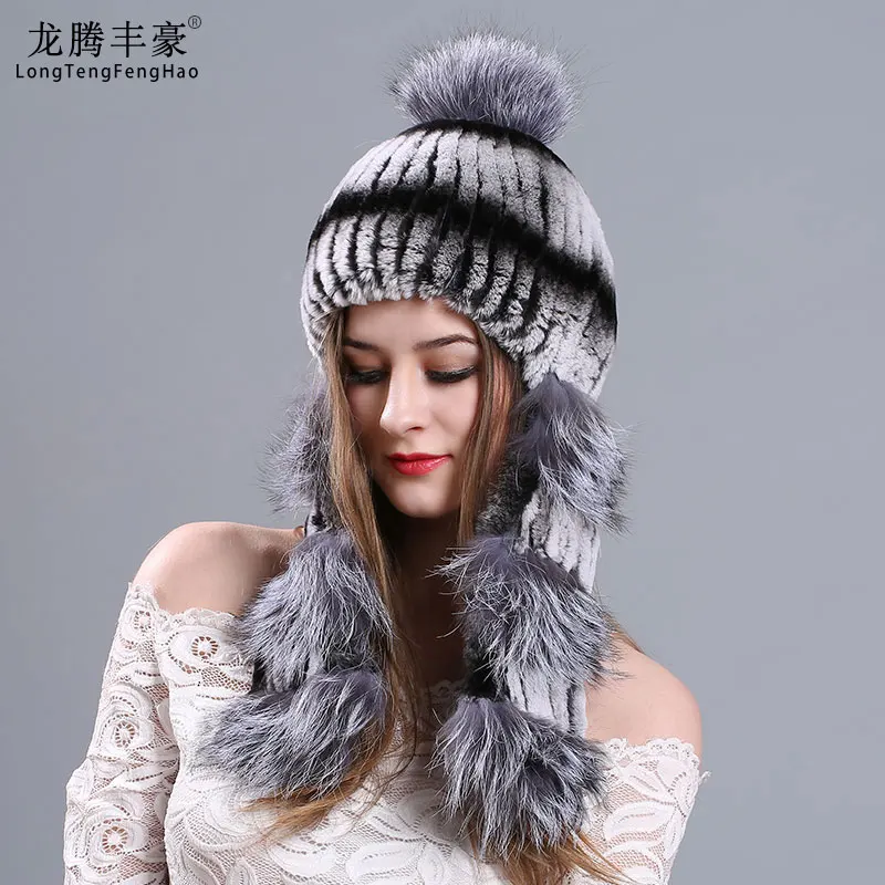 

knitted rabbit fur hat with fox fur pom poms 100% Natural fur Genuine fur caps for women Knitting wool beanies female caps lady