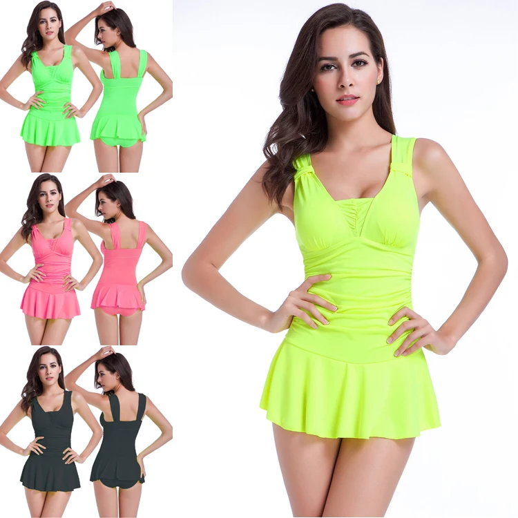 2015 summer conservative women swimsuits with skirt high waist bathing