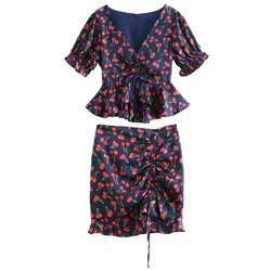 Комплект женский 2019 Весна и лето новый тонкий с коротким рукавом рубашка с высокой талией Короткая юбка из двух частей темперамент женская