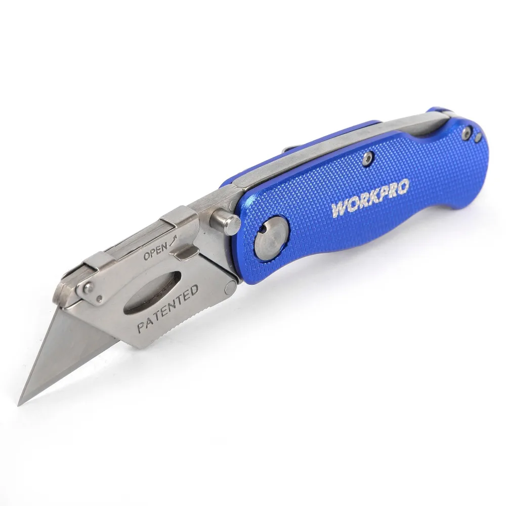 

WORKPRO Blue Grid Aluminum Handle Knife Folding Knife Pocket Utility Knife