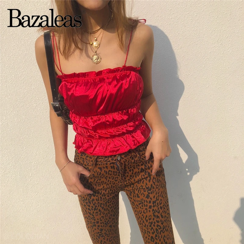 

Like silk Smooth Spaghetti Strap Tie Camisole Black Elastic Ruched Crop Tops Ruffles Camis Fashion Cropped Casual