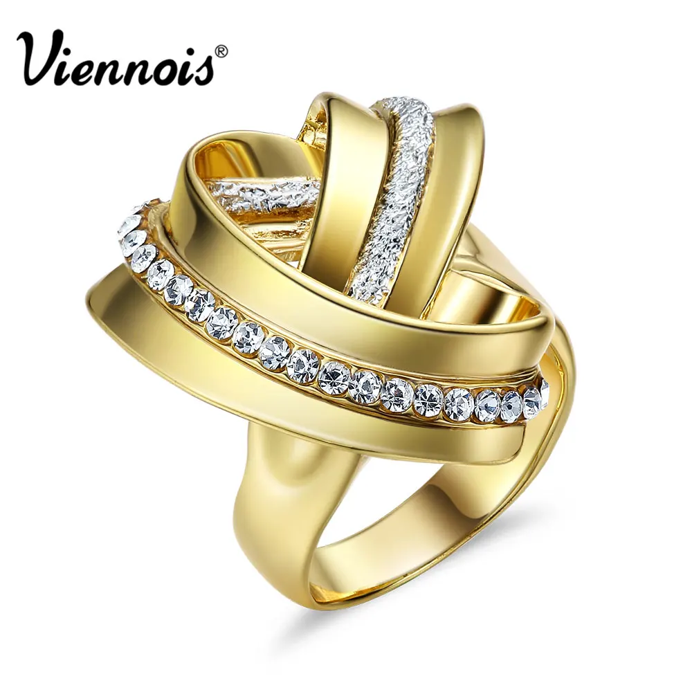 

Viennois New Gold & Silver Color Female Size Rings for Woman Rhinestone Paved Knot Design Cocktail Party Rings Brand Jewelry