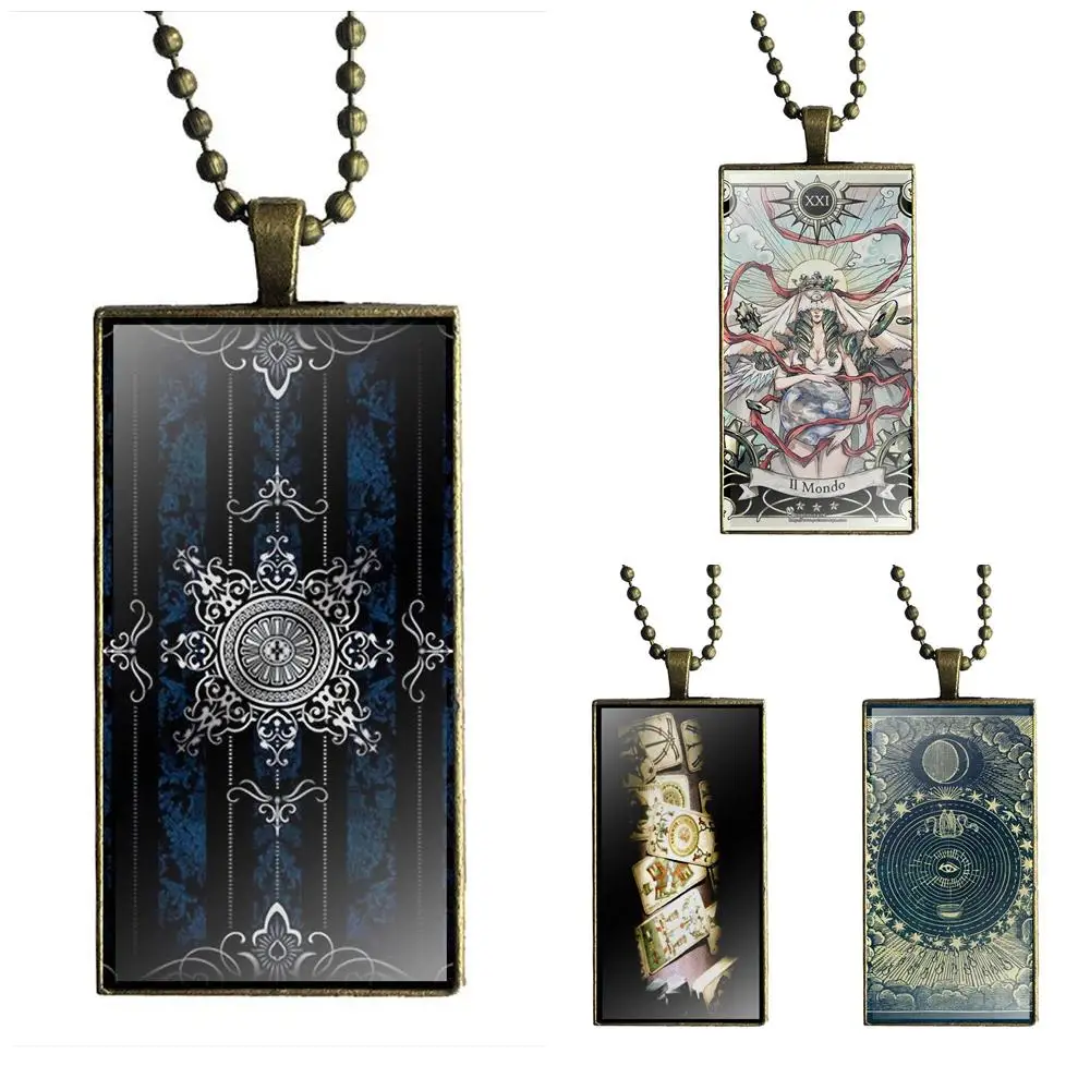 

EJ Glaze Glass Cabochon Jewelry Bronze Color With Long Pendant Choker Rectangle Necklace For Women Fashion Jewelry Tarot Card