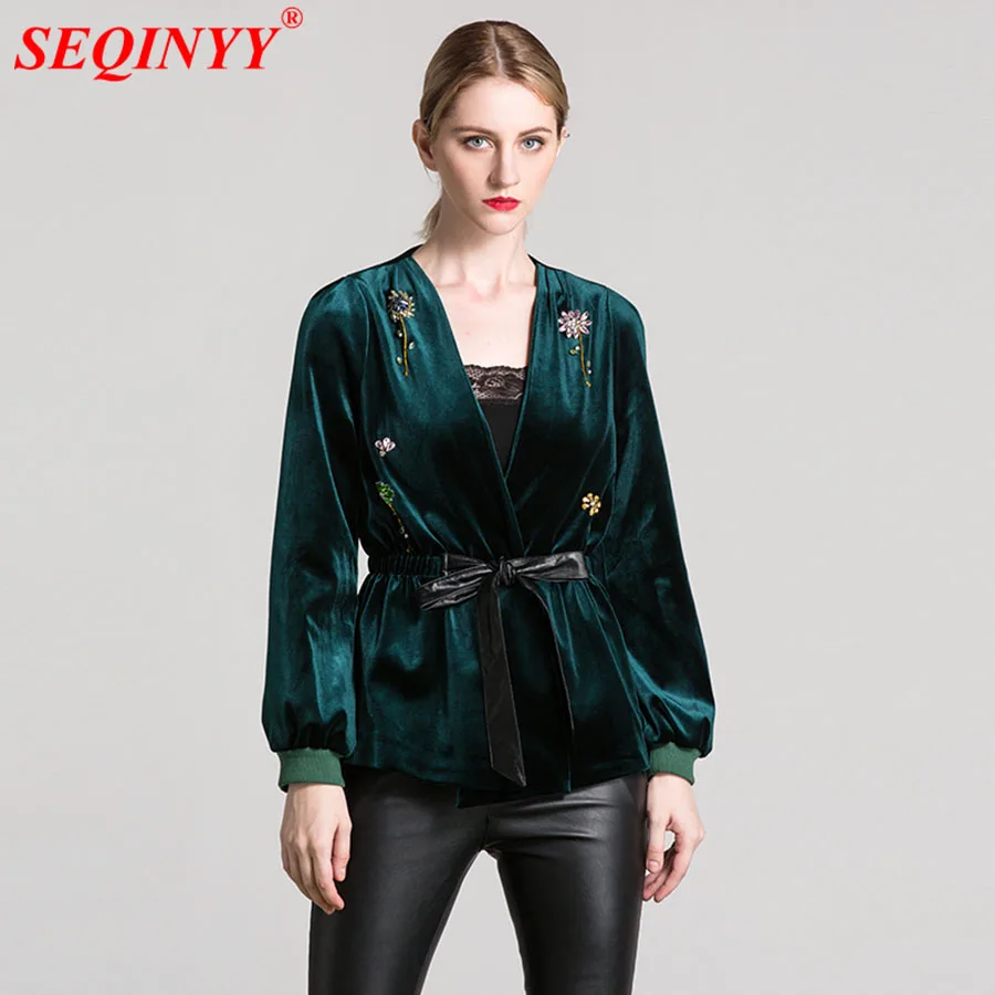 low cost Velvet Jacket 2017 Autumn Fashion Sexy Belt Cultivate V-Neck Exquisite Beading Women New Black Gree